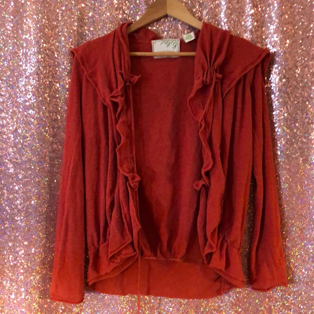 Anthropologie ruffled burnt orange cardigan XS